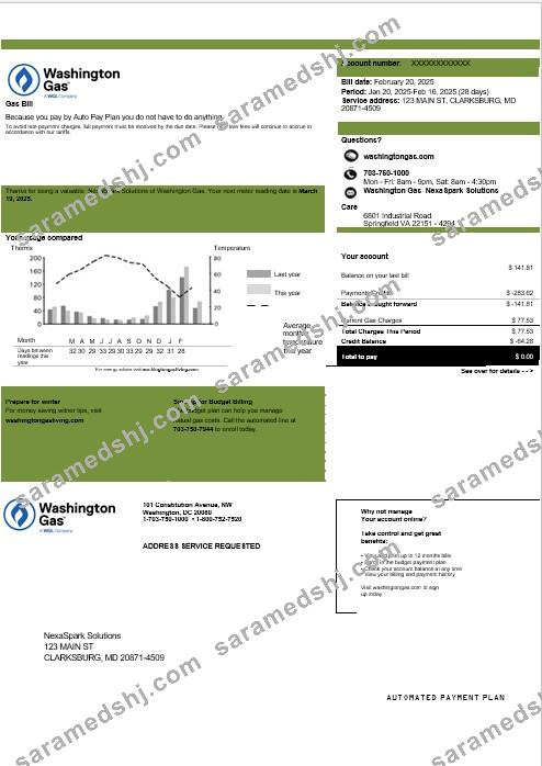 USA Washington Gas (WGL) business utility bill template in Word and PDF formats